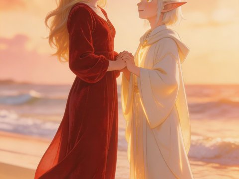 Tender Moment Between Two Fantasy Characters at Sunset