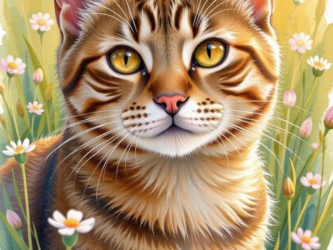 Tender Watercolor Portrait of a Cat in a Flower Field