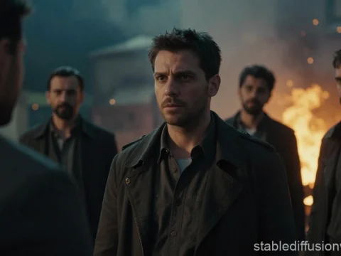 Tense Confrontation Scene with Men and Fire in Background