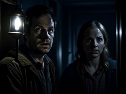 Tense Couple in Dark Hallway with Lantern