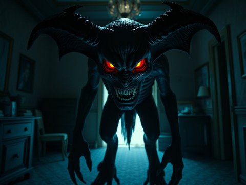 Terrifying Demon with Glowing Red Eyes in Dark Room