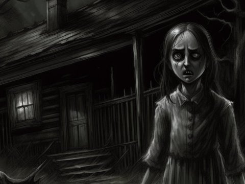 Terrifying Girl in Front of Haunted House at Night