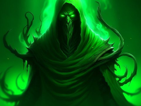 Terrifying Green Chroma Jinn with Glowing Eyes