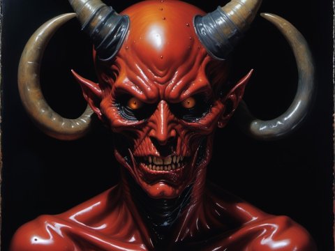 Terrifying Red Demon with Large Curved Horns