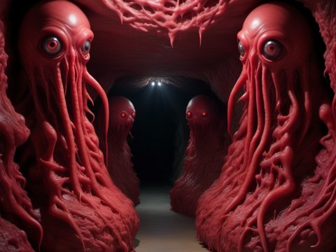 Terrifying Red Tentacled Creatures in a Dark Cave