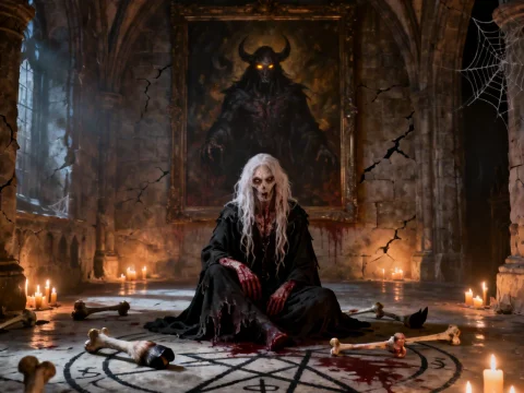 Terrifying Witch in Gothic Ritual Chamber