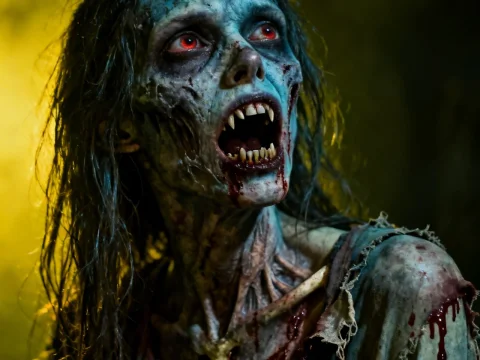 Terrifying Zombie Woman with Bloodied Teeth and Tattered Clothes