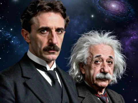Tesla and Einstein Portrait with Cosmic Background