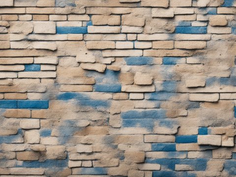 Textured Beige Brick Wall with Blue Paint Accents