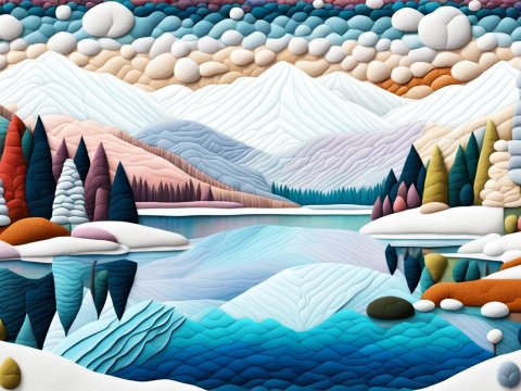 Textured Winter Landscape with Lake and Snowy Mountains