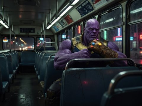 thanos sitting thoughtfully on a bus at night