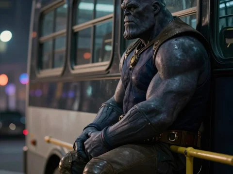 Thanos Sitting Thoughtfully on a Bus at Night