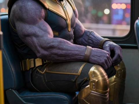 Thanos Sitting Thoughtfully on a Bus Seat