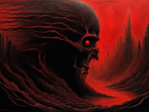 The Abyssal Skull Over a Red Dystopian Landscape