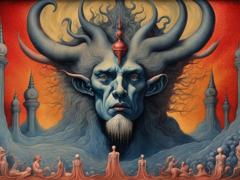 The Beast of Revelation with Horned Demon and Surreal Figures