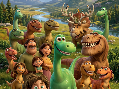 The Good Dinosaur Characters in Scenic Mountain Landscape