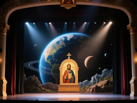 Theatrical Stage with Religious Icon and Cosmic Backdrop