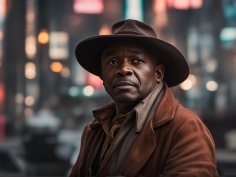 Thoughtful Man in Vintage Coat and Hat in Urban Night Scene
