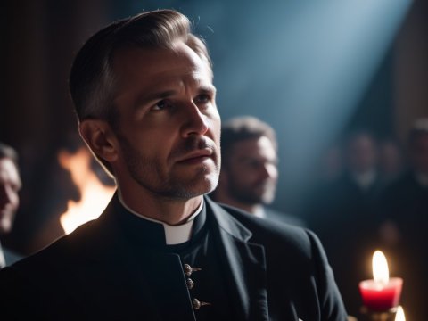 Thoughtful Priest in Dimly Lit Church