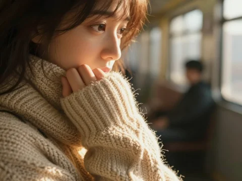 Thoughtful Woman in Vintage Knit Sweater on Subway