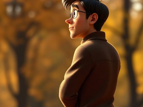 Thoughtful Young Man in Autumn Park - Disney Pixar Style