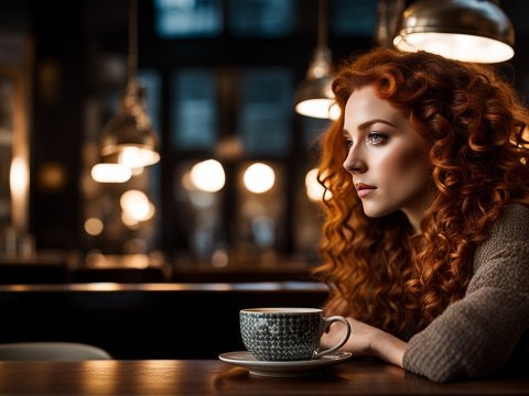 Thoughtful Young Woman with Red Curly Hair in Cozy Cafe