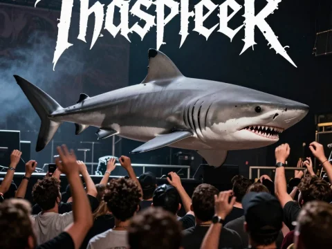 Thrash Metal Concert Crowd with Giant Shark and Band Logo