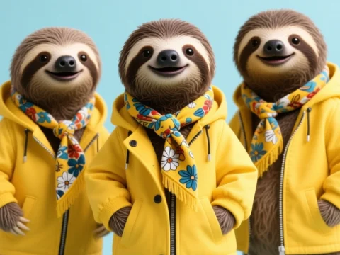 Three Adorable Sloths in Yellow Jackets and Floral Scarves