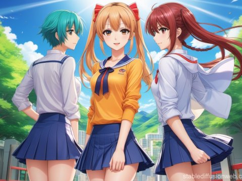 Three Anime Schoolgirls in Sunny Outdoor Setting