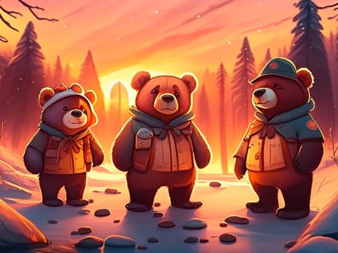 Three Bears in Scout Uniforms at Sunset in Snowy Forest