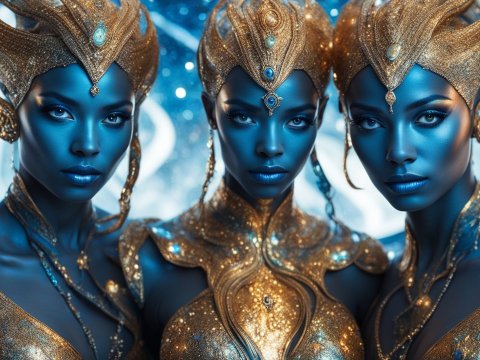 Three Blue-Skinned Alien Women in Ornate Golden Armor