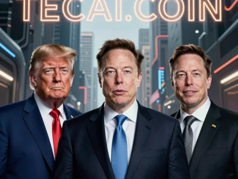 Three Businessmen in Suits with TEC.AI.COIN Neon Sign