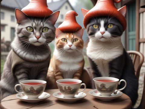 Three Cats Wearing Witch Hats Having Tea