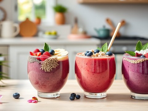 Three Colorful Berry Smoothies in Glasses on Kitchen Counter