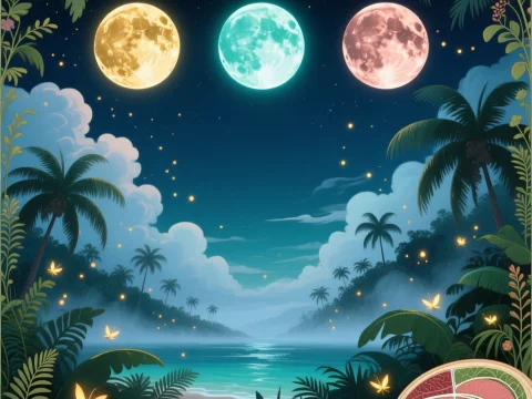 Three Colorful Moons Over a Caribbean Nightscape