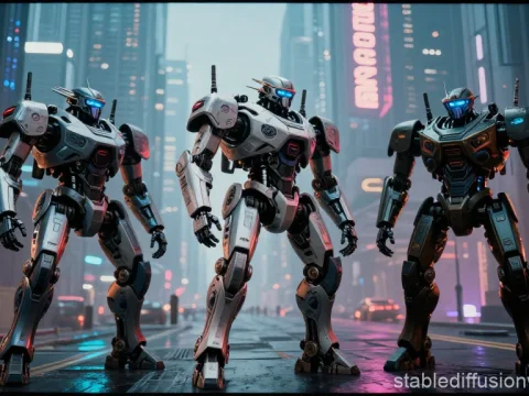 Three Cyberpunk Robots Standing in Futuristic City Street
