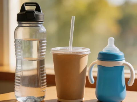 Three Different Drink Containers on Wooden Table