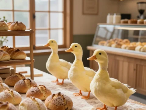Three Ducks in a Cozy Bakery with Fresh Bread