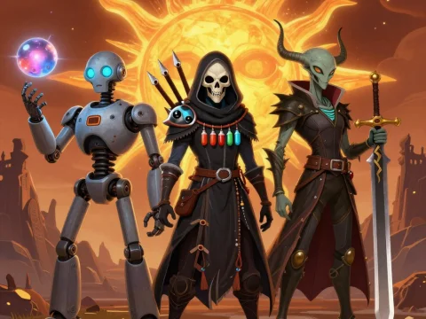 Three Fantasy Characters Standing Before a Fiery Sun