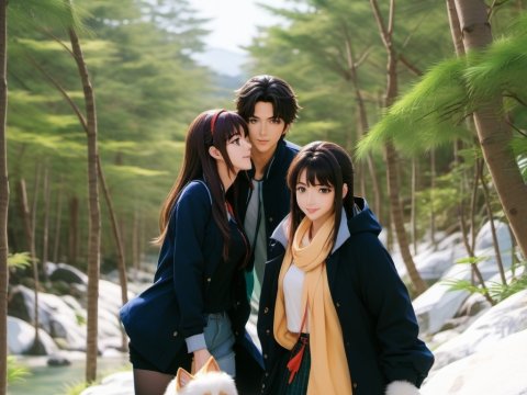 Three Friends and a Dog in a Serene Forest Setting