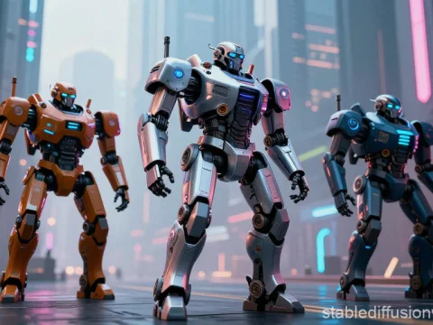 Three Futuristic Robots in Cyberpunk Cityscape