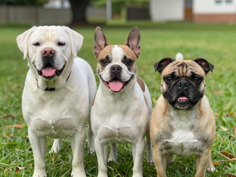 Three Happy Dogs Standing on Grass Outdoors