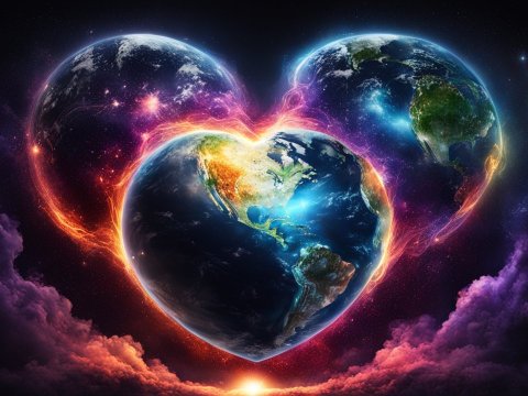 Three Heart-Shaped Earths Connected by Energy Streams