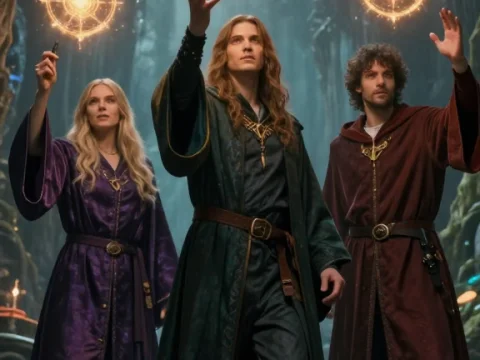 Three Mages Casting Magical Spells in Enchanted Forest