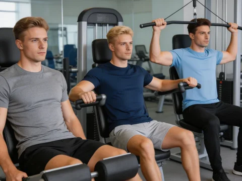 Three Men Exercising on Gym Machines