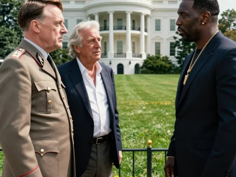 Three Men in Formal Attire Conversing Outside the White House
