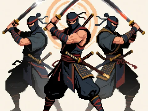 Three Pixel Art Ninjas in Sync with Swords