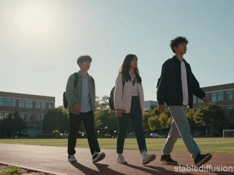 Three Students Walking on School Track in Sunlight
