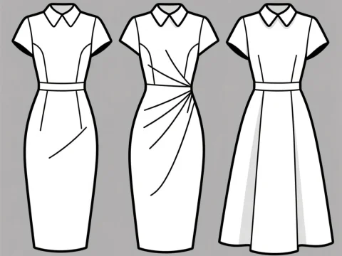 Three White Dresses with Collars Fashion Sketches