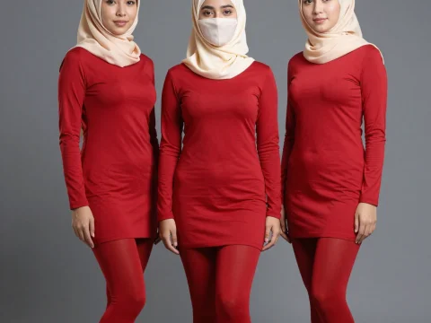 Three Women in Red Dresses and Beige Hijabs
